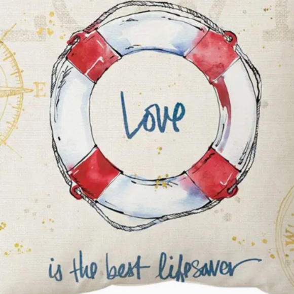 NEW NAUTICAL COASTAL BEACH DECOR LOVE IS THE BEST LIFESAVER LINEN PILLOW COVER - Picture 3 of 4
